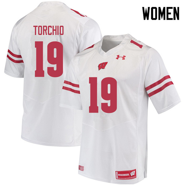 Women #19 John Torchio Wisconsin Badgers College Football Jerseys Sale-White - Click Image to Close